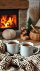 Two  mugs  for tea or coffee,  woolen things near  cozy fireplace, in country house, winter vacation, horizontal, mindfulness theme. with white shades