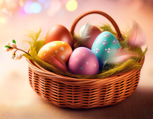 Brightly colored Easter eggs are nestled in a charming woven basket filled with soft greenery and adorned with delicate floral accents. This festive arrangement embodies spring joy
