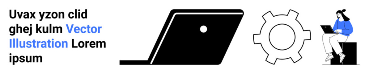 Woman sitting on a block using a laptop, large gear icon, minimalist style. Ideal for productivity, technology, teamwork, innovation, software development, automation abstract line flat metaphor