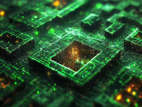 Powerful quantum computer executing Grover's algorithm amidst a digital data stream with glowing quantum gates