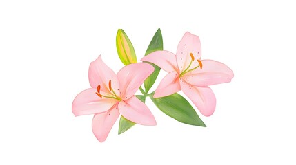 Naklejka premium Beautiful Pink Lilies with Green Leaves on White Background