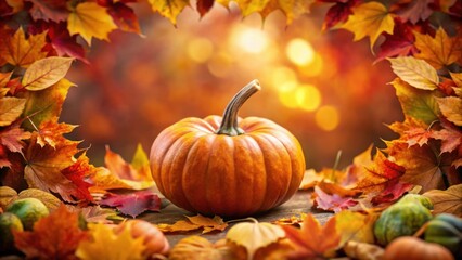 Naklejka premium Autumnal Pumpkin Framed by Vibrant Fall Leaves on Wooden Surface