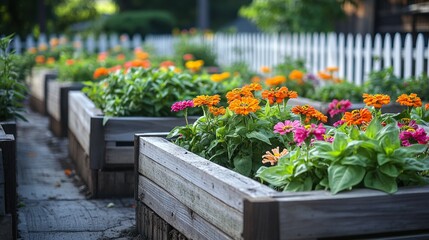 A charming community garden with wooden raised beds filled with zinnias