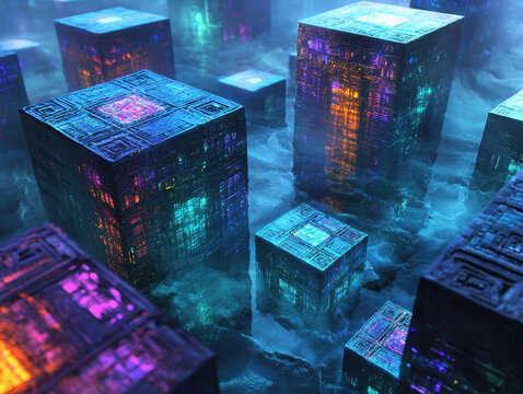 Quantum processor demonstrates Shor's algorithm in a cybernetic void with glowing Qbits entangled in dynamic energy fields