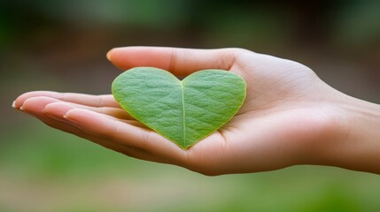 A person's hand gently cradles a heart shaped leaf, showcasing nature's beauty and delicate details. Soft lighting and a blurred background enhance