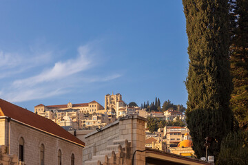 .Nazareth, Israel, January 23, 2025: View of the city and the Anglican church on the hill from the...