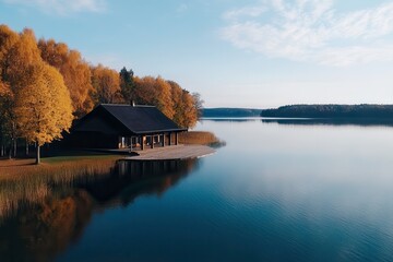 Fototapeta premium Close-up Aerial View of a Tranquil Lake House Surrounded by Autumn Trees on a Sunny Day. Generative AI
