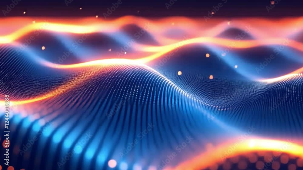 Aufkleber Abstract Data Flow:  Dynamic waves of blue and orange light pulse across a dark background, creating a mesmerizing visual representation of data flow or energy.