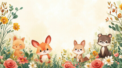 Obraz premium Cute Woodland Animals Surrounded by Colorful Flowers in a Sunny Meadow Setting