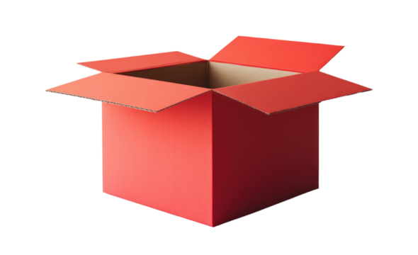 A plain red cardboard box without any text or design, positioned on a pristine white background. The box is empty and clean
