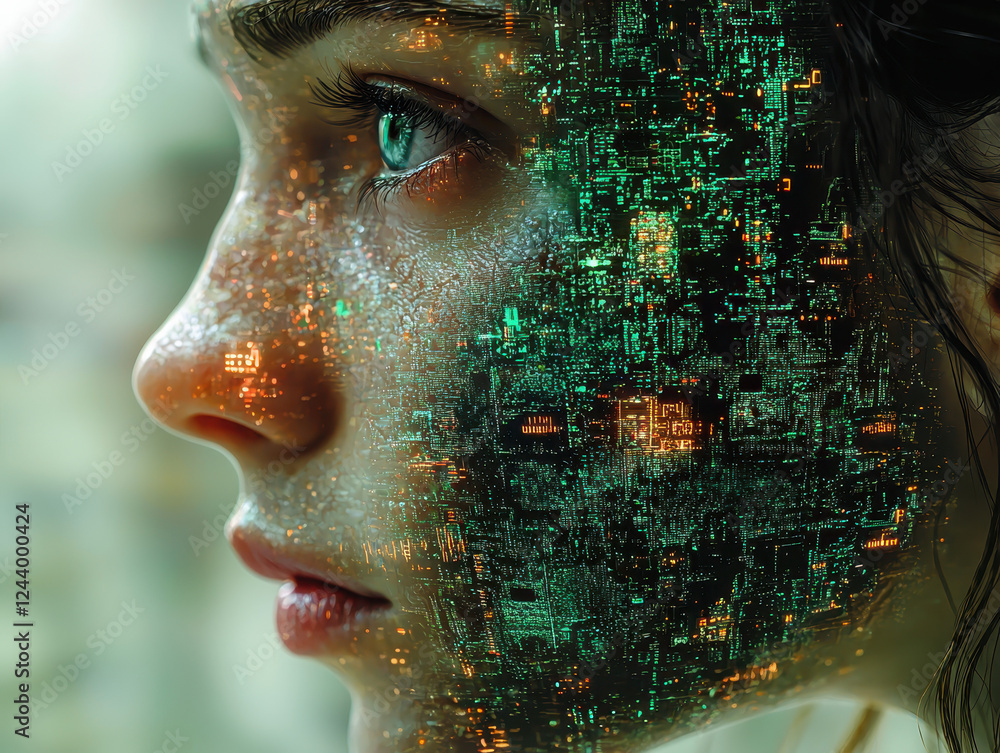 Poster surreal exploration of technological singularity with merging consciousness and digital streams refl