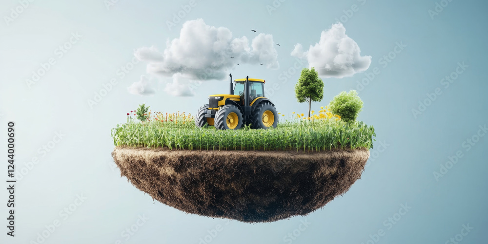 Poster innovative agricultural techniques showcased in a floating field with a tractor amidst lush crops an