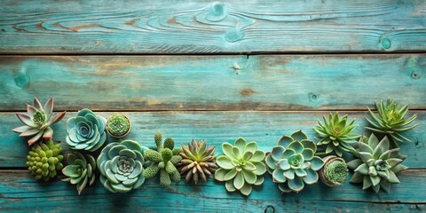 Fototapeta premium Succulents arranged on a rustic teal wooden surface create a vibrant, natural scene.
