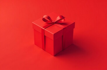 Red Gift Box with Ribbon Standing on red Background. AI-generated