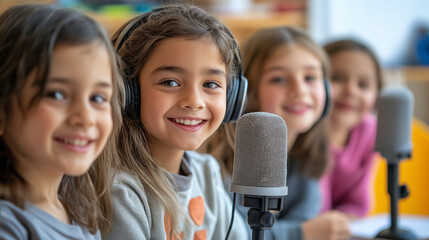 A child-focused radio studio with small microphones, playful decorations, and kids speaking into the mic, cheerful atmosphere