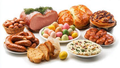 Easter food on a white background, Easter bread and sausages with colored eggs, ham or pork belly meat in the center