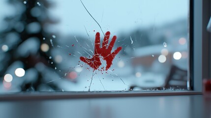 Red Handprint on Broken Windowpane Winter Night Scene