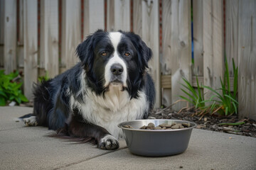 large dog resting beside food bowl on patio, looking calm and content
