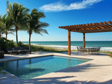 Luxury hotel house pool by the ocean in tropical beach with a stunning seating areas. Private relaxation. 