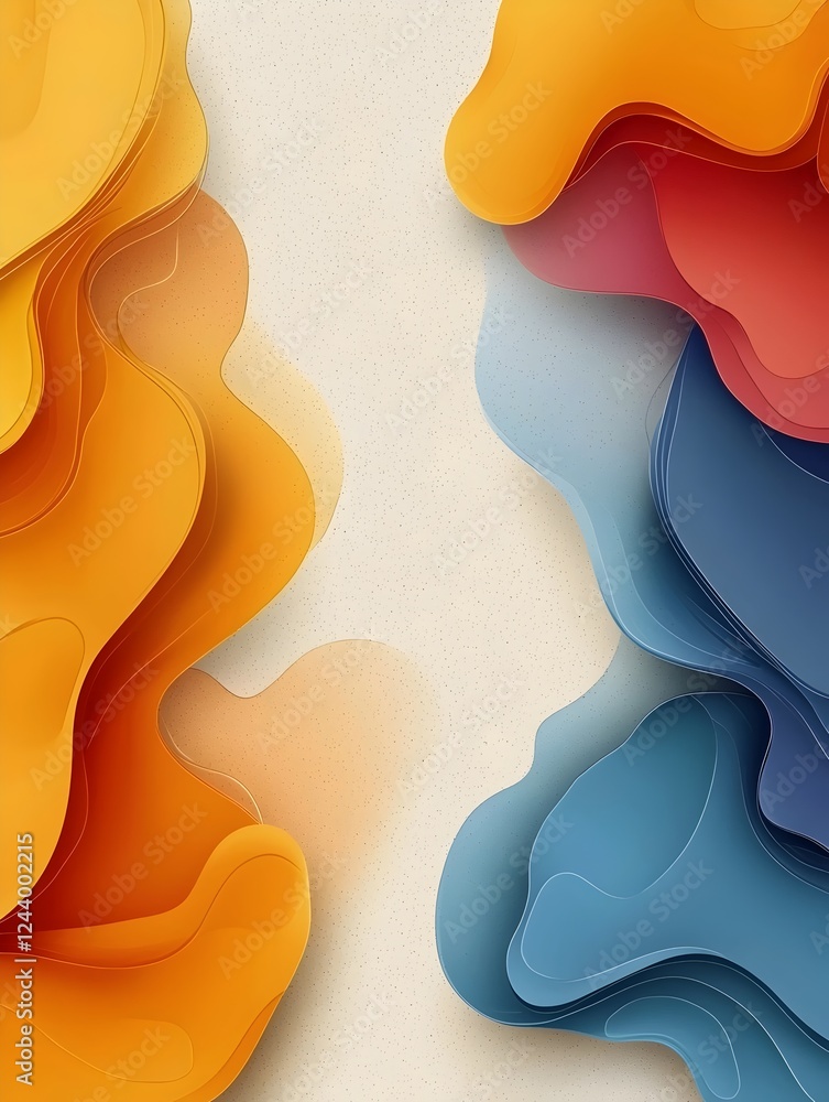 Poster a vibrant abstract design featuring flowing layers of orange, blue, and red shapes creating a dynami