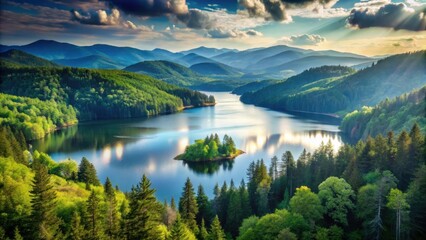Fototapeta premium Serene Mountain Lake at Sunset with Island and Lush Forest