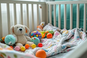 Colorful toddler playpen filled with toys and a cozy blanket in a bright room during daytime. Generative AI