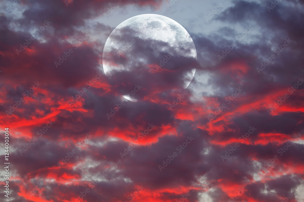 Poster night sky with full bright moon in the clouds 