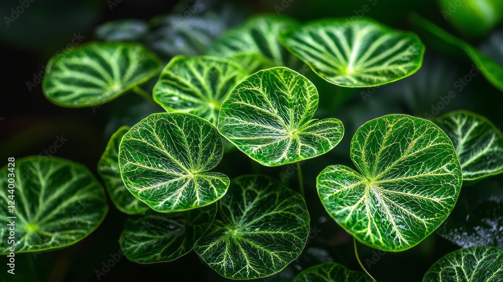 Poster lush green leaves with intricate veining create a stunning display in a sunlit corner, highlighting 