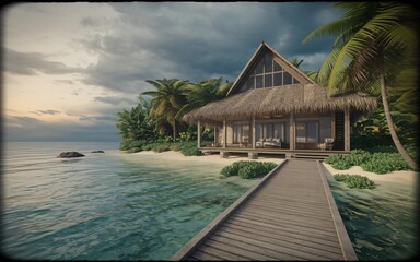 Fototapeta premium Luxury Tropical Beach House with Oceanfront Deck and Private Boardwalk