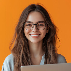 Obraz premium Joyful young woman working on laptop home office portrait photography bright environment close-up view digital lifestyle inspiration