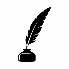 Quill and Ink Bottle Vector Silhouette.