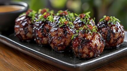 Grilled rice balls, dipping sauce, outdoor restaurant setting