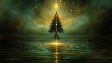 Luminous Evergreen Tree Centered In Still Water