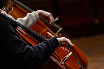  A fragment of cellos in the hands of musicians in an orchestra