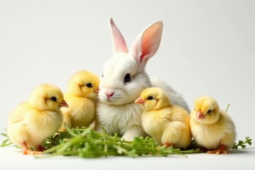 Easter bunny nestled amongst baby chicks on pure white, cartoon, element