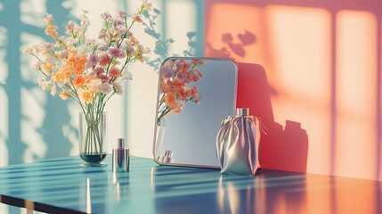 Modern elegant female dressing table with black glass vase with flowers mirror silver cosmetic bag isolated on a colorful background