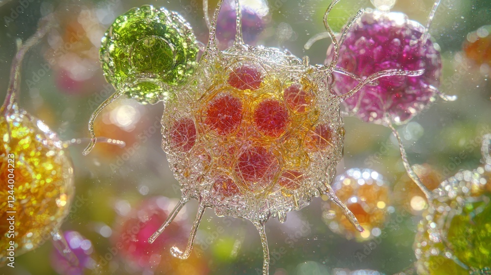 Poster captivating visuals of biological assembly line with colorful microorganisms