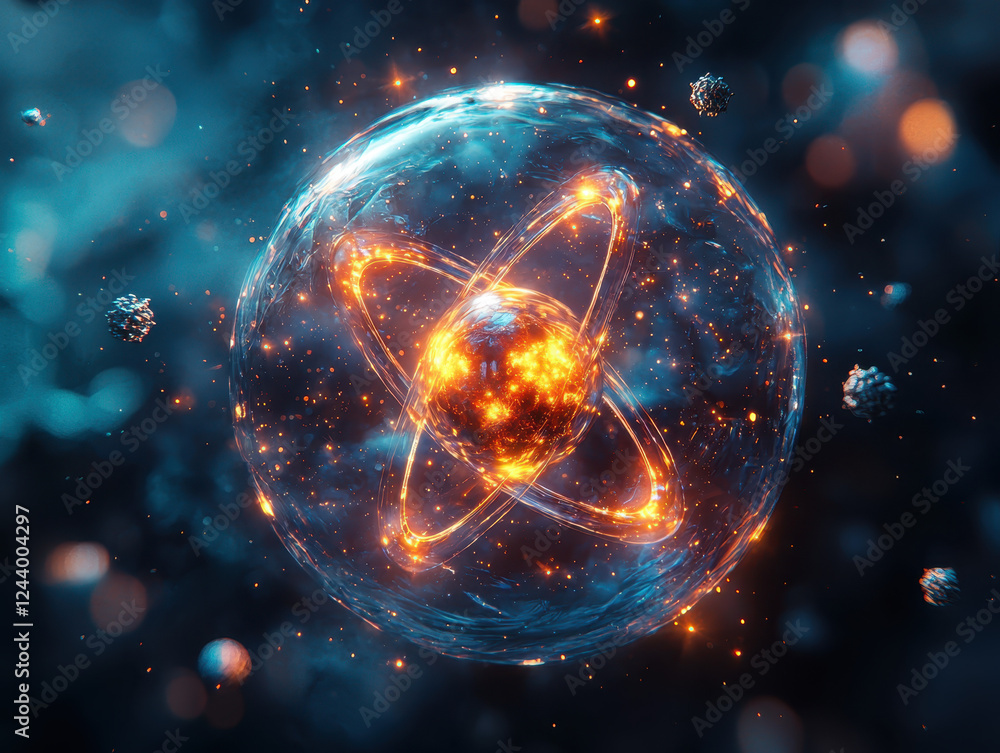 Aufkleber advanced quantum core encapsulated in a transparent sphere with orbiting subatomic particles in a hy
