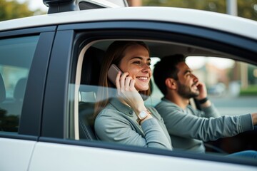 A Young Woman and Man Engaged in Conversation While Driving in a Car on a Sunny Day, Showcasing Modern Communication and Connection in Urban Living