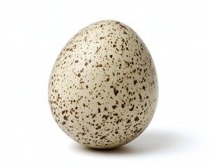A speckled bird egg, off white with dark brown spots, is shown against a pure white background. The egg is positioned slightly off center, casting a