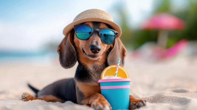Smiling Dachshund in Sunglasses and Straw Hat Enjoys Beach Drink