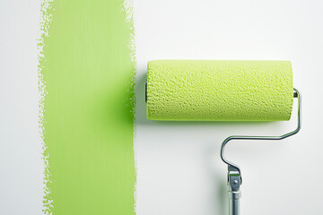Obraz premium Green Paint Roller on a Wall: Close-up of a paint roller leaving a fresh, vibrant green streak on a wall, symbolizing new beginnings, revitalization, and creative projects.