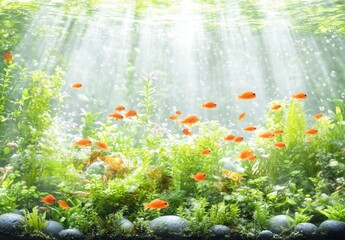 Vibrant orange fish swim among lush green aquatic plants in a sunlit aquarium. Peaceful underwater scene
