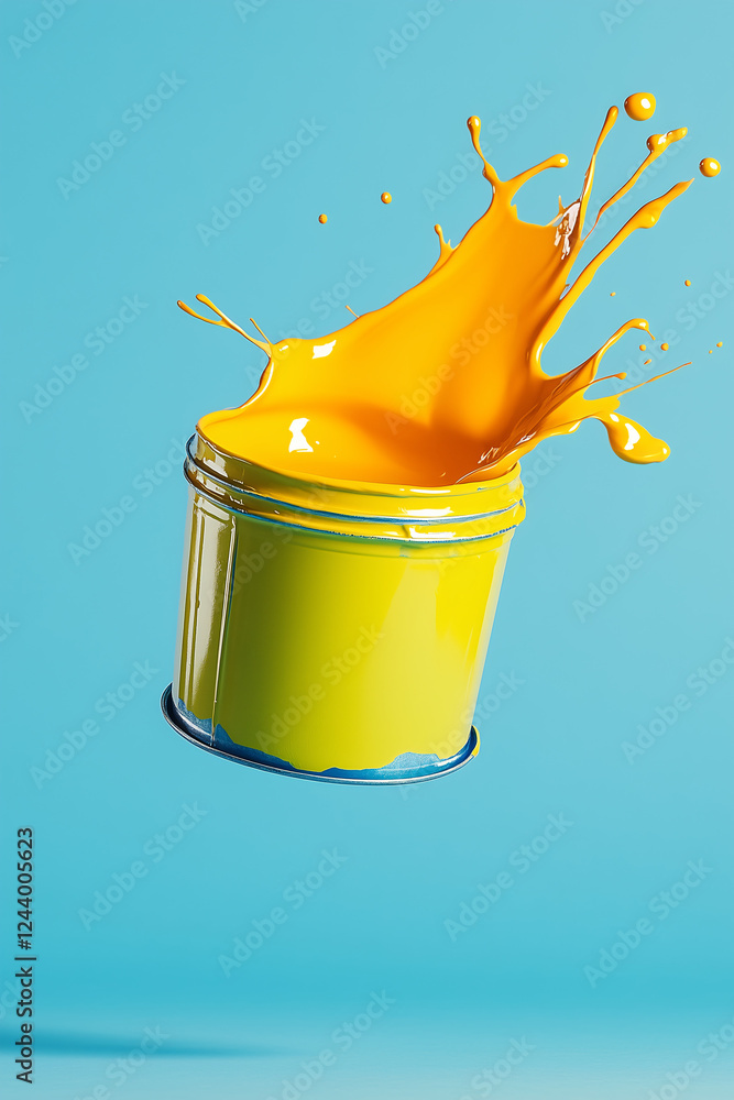 Poster yellow paint explosion: a vibrant yellow paint explodes from a can, creating an energetic and dynami