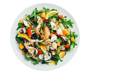 A refreshing seafood salad with a mix of shellfish, greens, and vibrant vegetables, drizzled with a citrus dressing