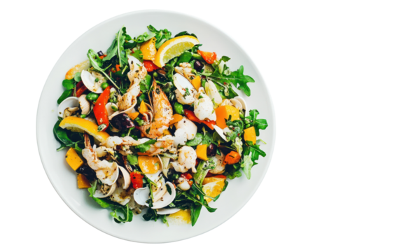 A refreshing seafood salad with a mix of shellfish, greens, and vibrant vegetables, drizzled with a citrus dressing