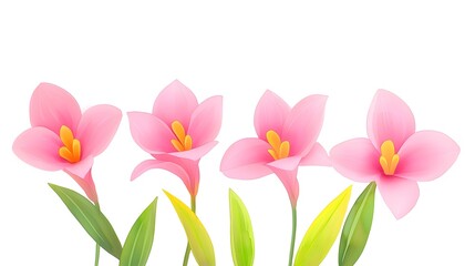 Fototapeta premium Beautiful Pink Flowers with Green Leaves on a White Background