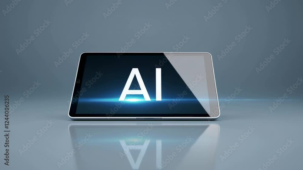 Poster Futuristic tablet displaying large, bright ai logo, reflecting on a smooth surface, presented in slow motion, suggesting advanced technology and artificial intelligence