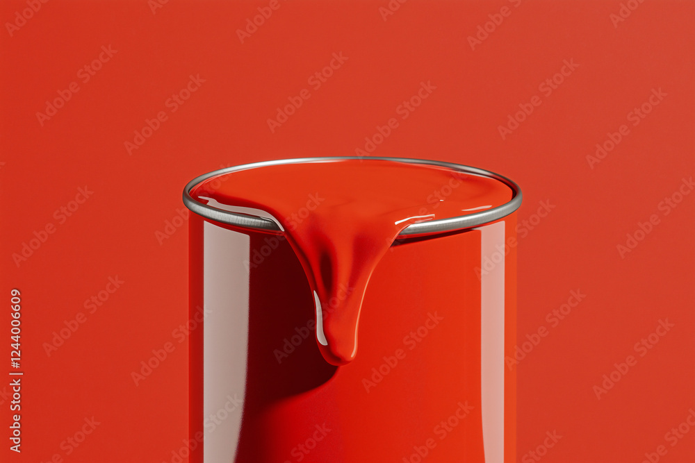 Aufkleber crimson overflow: a vibrant red paint spills over the rim of a metallic paint can, creating a visual
