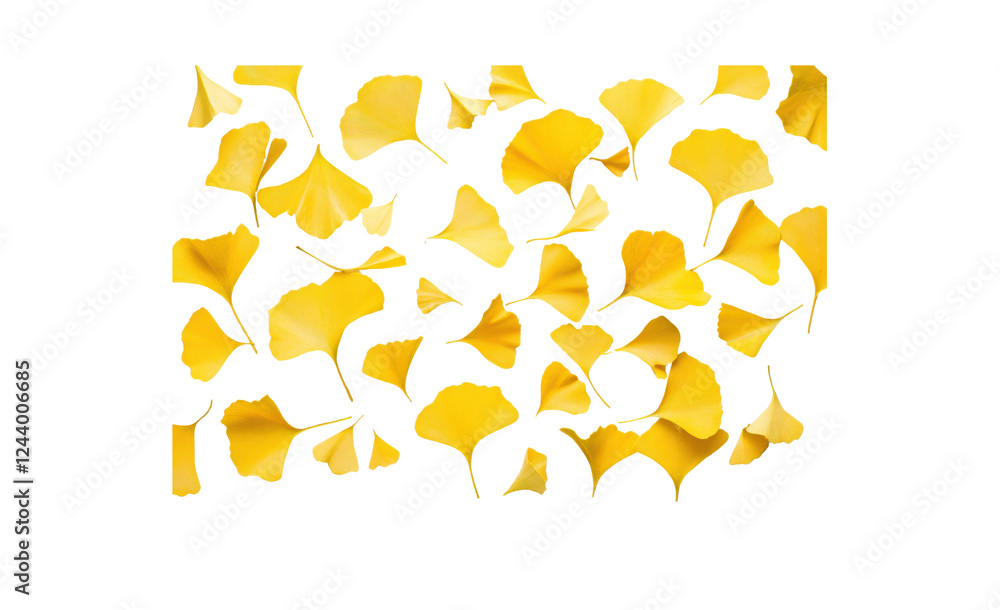Poster a set of yellow ginkgo leaves artistically scattered across a white background, with some leaves ove
